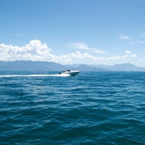 Motorboot an der Küste